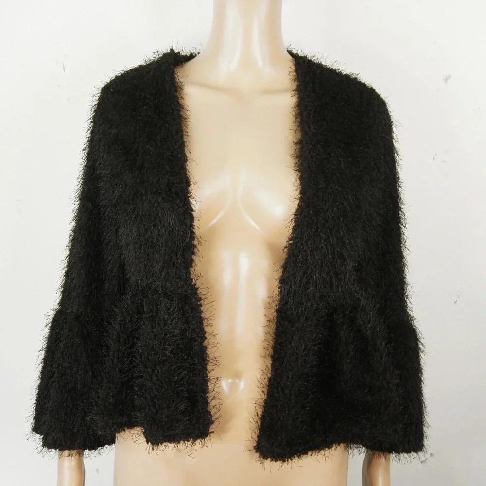 Vintage 90s I-X London Black Fuzzy Boucle Knit Cardigan Sweater Top